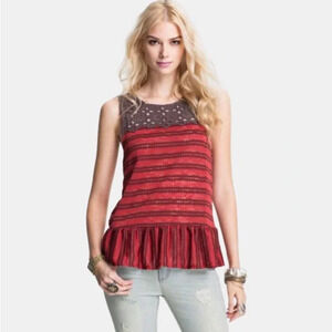 Free People Molly Retro Peplum Tank Top Size Sm Eyelet Lace Striped Red Brown